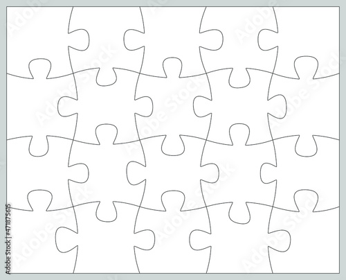 Puzzles grid template. All pieces are different in shape. Jigsaw puzzle 20 pieces, thinking game and 4x5 jigsaws detail frame design. Business assemble metaphor or puzzles game challenge. Vector.