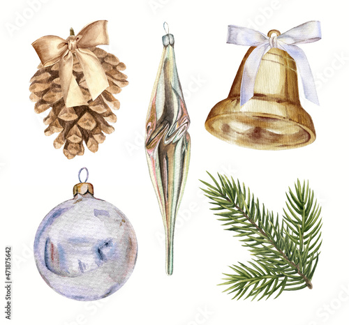 A set of watercolor illustrations of Christmas or New Year decorations in golden shades. Pine cone, bell with satin ribbon bows, icicle, ball, fir branch