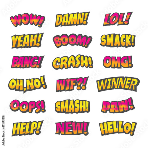 Comic style exclamation lettering. Cartoon pop art yeah, boom, bang letters with halftone.