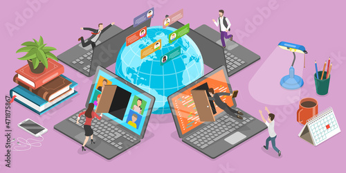 3D Isometric Flat Vector Conceptual Illustration of Hybrid Office, Remote Workplace, Distributed Team