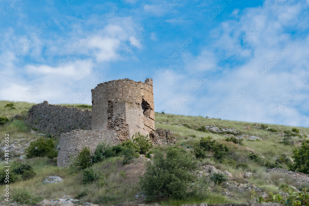 View tower of Chembalo fortress. Medieval architecture monument, landmark. Ruined stone Genoese fortress in Balaclava in  Crimea
