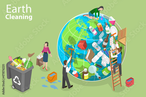 3D Isometric Flat Vector Conceptual Illustration of Earth Cleaning, Saving Planet Ecology