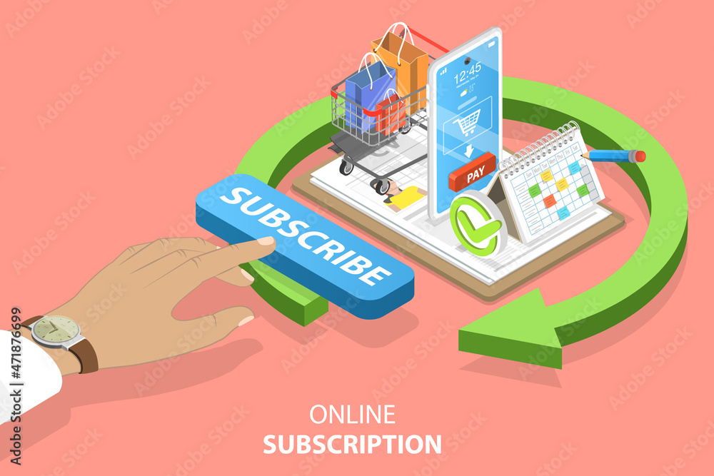 3D Isometric Flat Vector Conceptual Illustration of Online Subscription, Recurring Payment for Product or Service