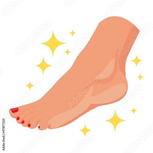 Red nails, pedicure. Beautiful Healthy leg After cosmetology procedure, vector illustration in cartoon style.