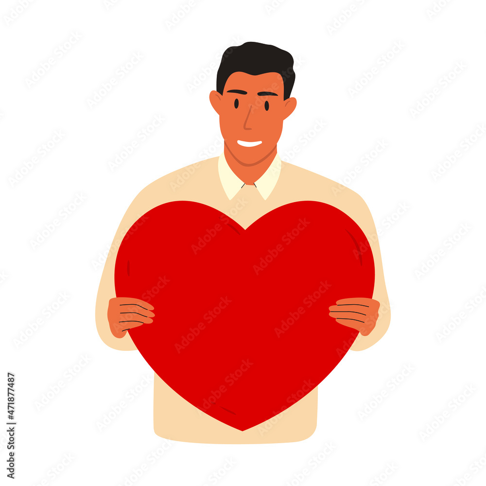 Flat vector illustration of a smiling man holding a big heart. The concept of mutual assistance, support, love, donations. Isolated design on a white background. Flat vector illustration of a smiling man holding a big heart. The concept of mutual assistance, support, love, donations. Isolated design on a white background.