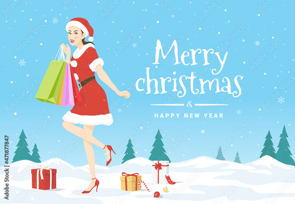 Vector illustration with A beautiful woman in Santa Claus costume holding shopping bags on ice snow and many gift boxes of the Merry Christmas and Happy New Year Vector illustration with A beautiful woman in Santa Claus costume holding shopping bags on ice snow and many gift boxes of the Merry Christmas and Happy New Year
