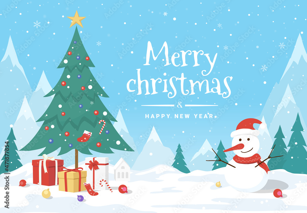 Vector illustration with snowman and gift boxes of the Merry Christmas and Happy New Year