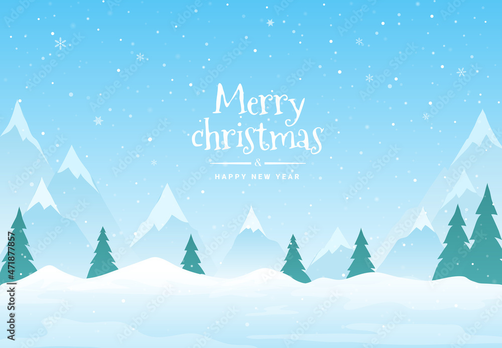 Vector illustration with Falling Snow down on landscape mountain background of the Merry Christmas and Happy New Year.