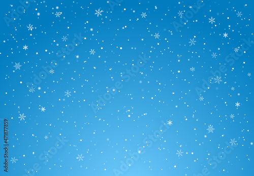 Vector illustration with Falling Snow down on blue sky background of the Merry Christmas and Happy New Year