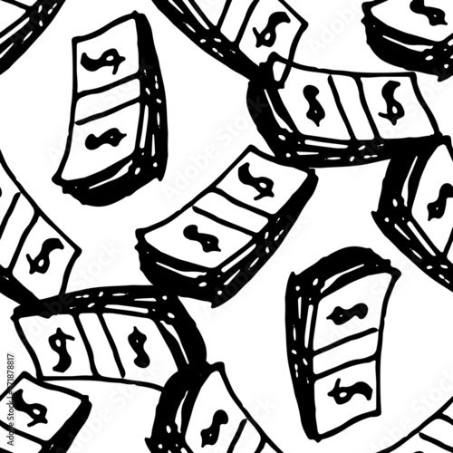 the pattern of a bundle of money with a dollar sign. Seamless pattern of a voluminous bundle of American dollar bills top view, hand-drawn in the style of doodles with a black outline, often arranged 