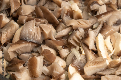 Finely chopped mushrooms are fried in a pan.