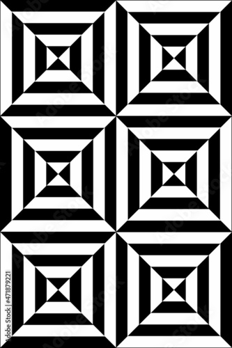 Optical illusion line background. Optical illusion vector conceptual design. Black and white squares, triangles, lines. Vector illustration