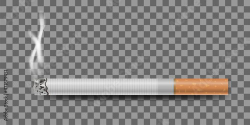 Realistic cigarette and smoke on transparent background, vector illustration