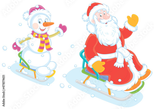 Santa Claus and a happy snowman sledding down a snow hill on a winter playground in a snowy park, vector cartoon illustration isolated on a white background