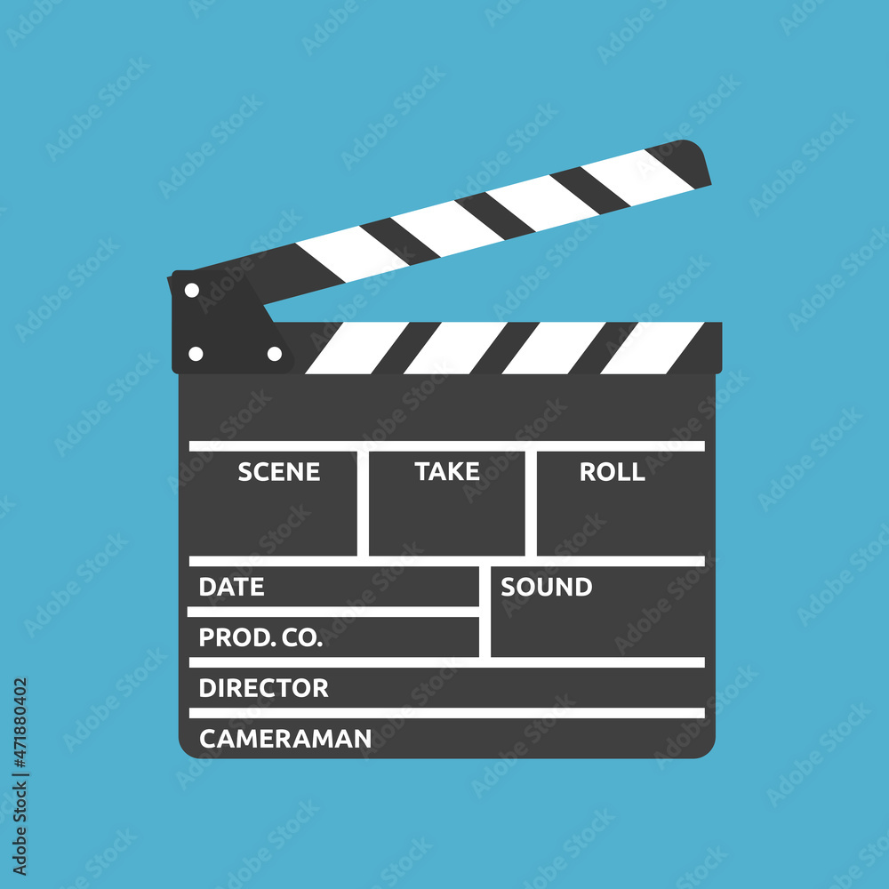 Clapperboard or movie clapper open. Cinema production, filmmaking and studio concept. Flat design. Vector illustration. EPS 8, no gradients, no transparency