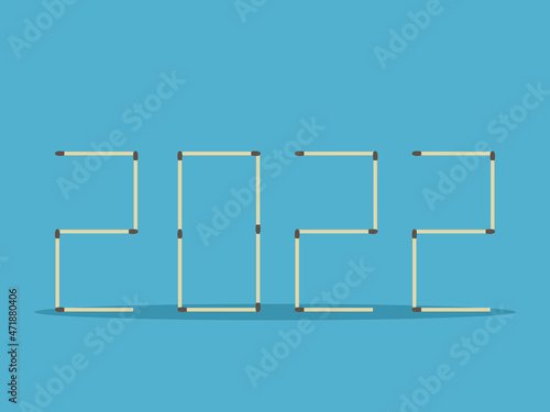 2022 of matches or matchsticks. New Year, holiday, celebration, time and fire concept. Flat design. Vector illustration. EPS 8, no gradients, no transparency