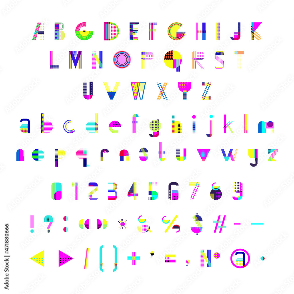 Abstract letters, numbers and punctuation. A trendy font made from geometric shapes, lines and dots.