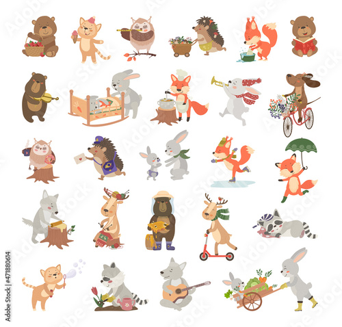 Illustrations of cute animals in cartoon style doing different activities.