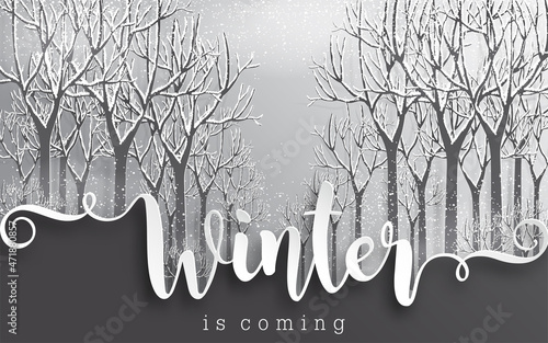 2022 Forest with snow in christmas and winter season paper art and digital craft style.