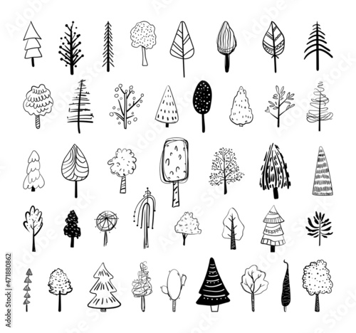 Collection of black and white doodles trees of different types. Hand-drawn style icons.
