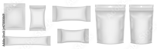 Set of realistic pouch mockups. White flow pack, sugar stick, sachet, zip bag and doypack. Ice cream wrapper. Sheet mask sachet. Soap or wet wipes packaging.