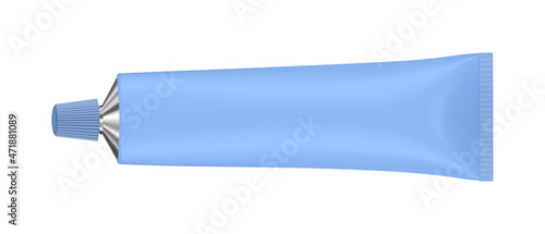 Vector illustration of cream or toothpaste tube. Ointment. Salve. Glue tube. Oil paint. Blue tube. 3d tube