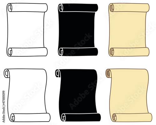 Blank Paper Scroll Template Clipart Set - Outline, Silhouette and Color