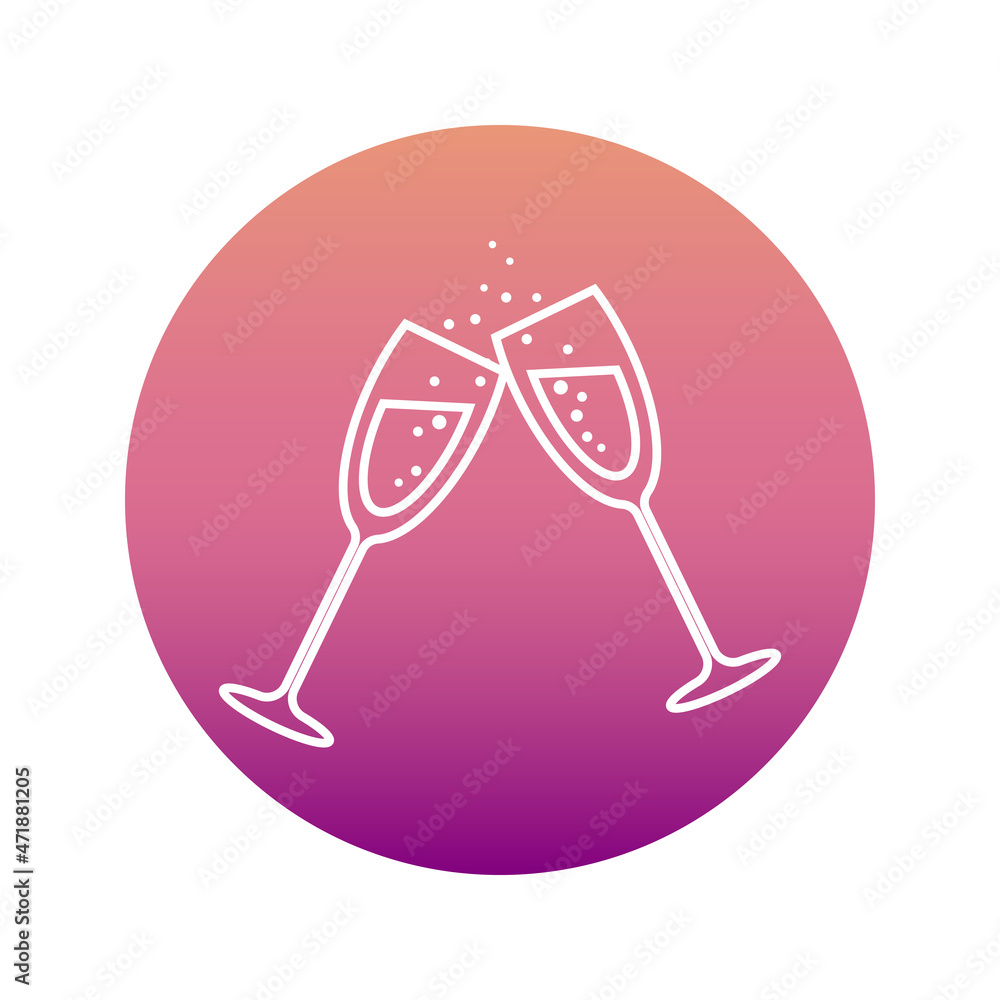 Two glasses of sparkling drink with a white outline in a gradient circle. Festive linear glasses clink loudly, splashing champagne. Two glasses of sparkling drink with a white outline in a gradient circle. Festive linear glasses clink loudly, splashing champagne.