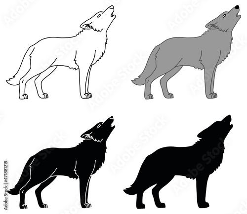 Wolf Howling Clipart Set - Outline, Silhouette and Color