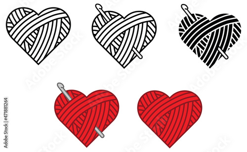 Crochet Hook and Yarn Heart Ball Clipart Set - Outline, Silhouette and Color