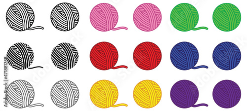 Colored Yarn Ball Clipart Set - With Outline and Silhouette
