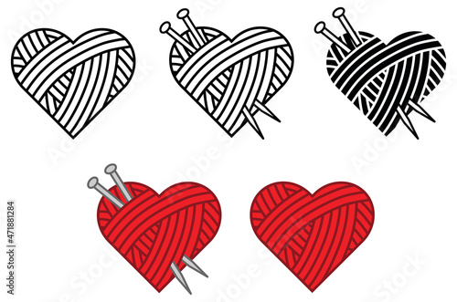 Knitting Needles and Yarn Heart Ball Clipart Set - Outline, Silhouette and Color