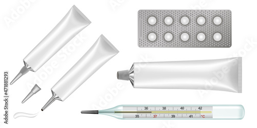 Medicine set: ointment tubes with long nozzles, vintage mercury thermometer, 10 tablets in blister pack