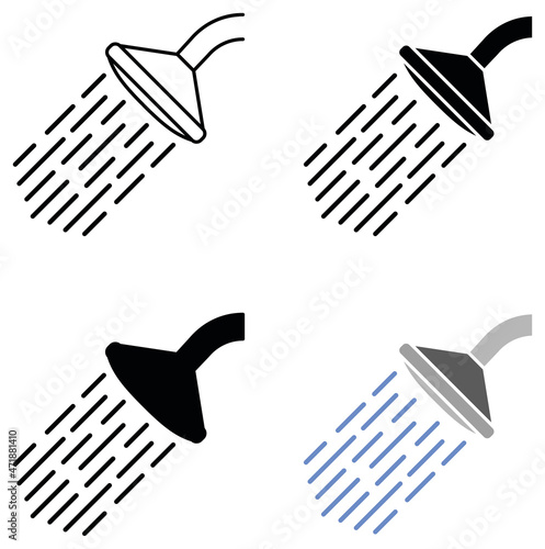Showerhead and Water Clipart Set - Outline, Silhouette and Color
