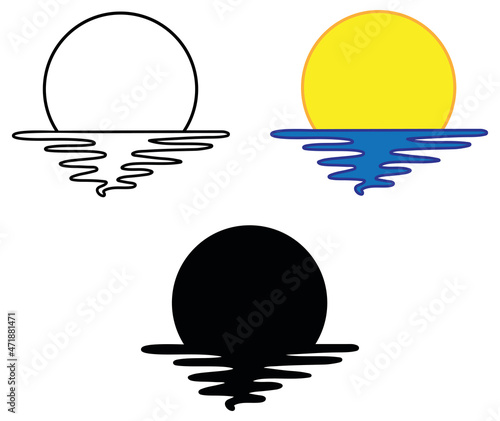 Simple Ocean Water Sunset Clipart Set - Outline, Silhouette and Color