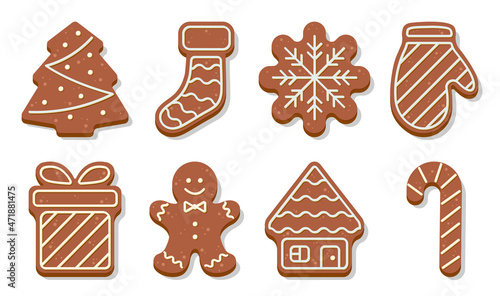 Set of christmas gingerbread cookies. Cute ginger bread man, tree, sock, snowflake, mittens, gift box, house and candy cane. Vector illustration in flat cartoon style.