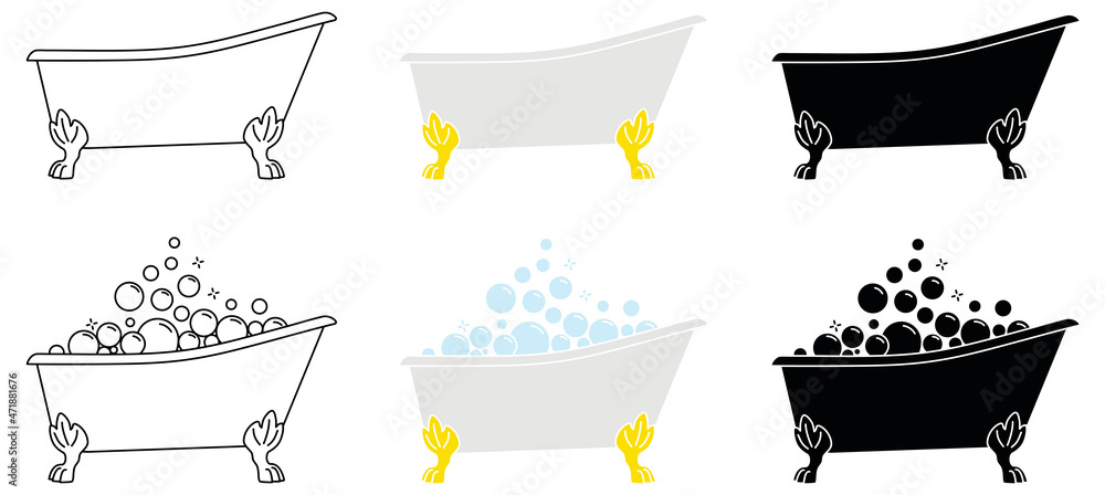 Vecteur Stock Clawfoot Bathtub with Bubbles Clipart Set - Outline ...
