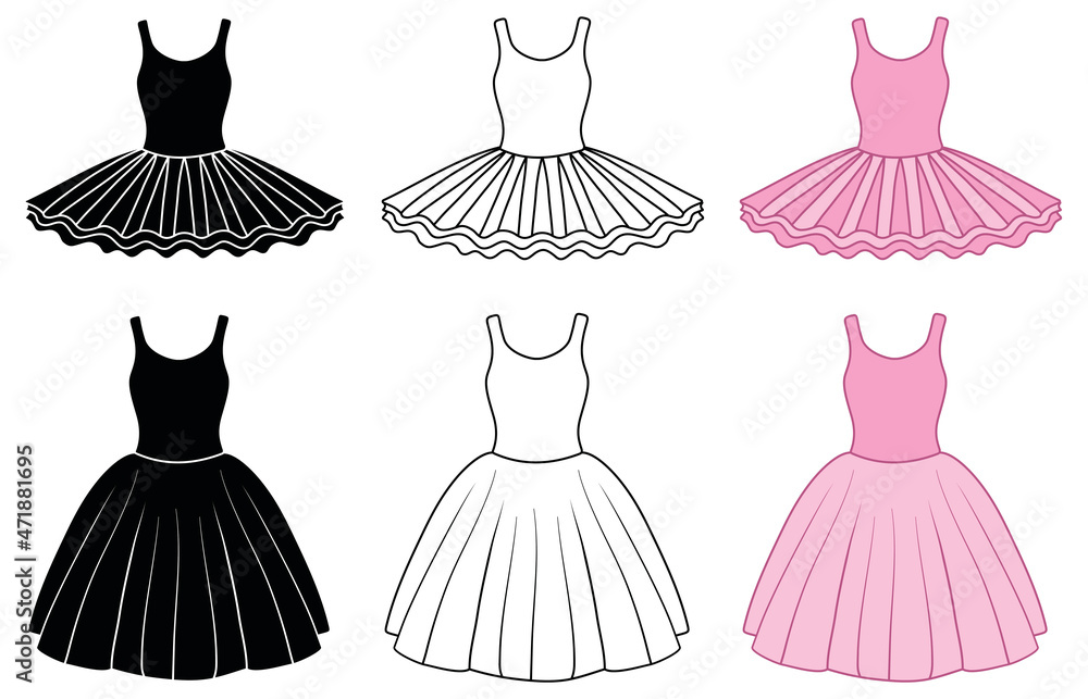 Ballerina Tutu Costume Clipart Set - Outline, Silhouette and Color Stock  Vector | Adobe Stock