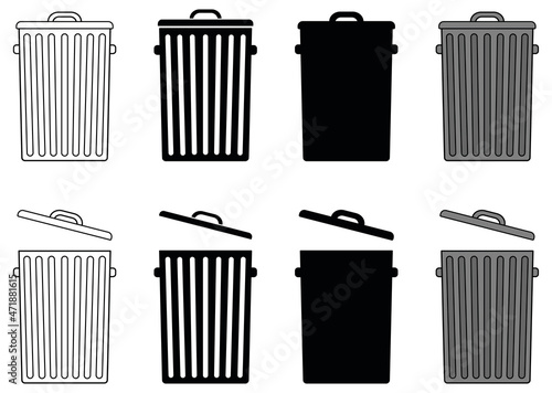 Metal Garbage Can Clipart Set - Outline, Silhouette and Color