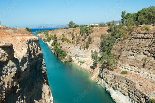 Corinth Canal,Greece, turquoise water, beautiful view from top,bridge in summer, autumn,sunny weather.Copy space