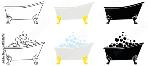 Clawfoot Bathtub with Bubbles Clipart Set - Outline, Silhouette and Color