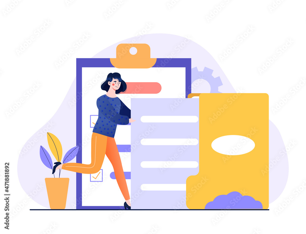 Concept of records management. Girl carrying folder with files, employee from archive. Work with information, internal research, employee of analytical department. Cartoon flat vector illustration
