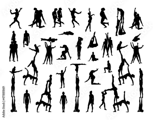 Collection of black silhouettes of acrobats and gymnasts isolated on a white background.