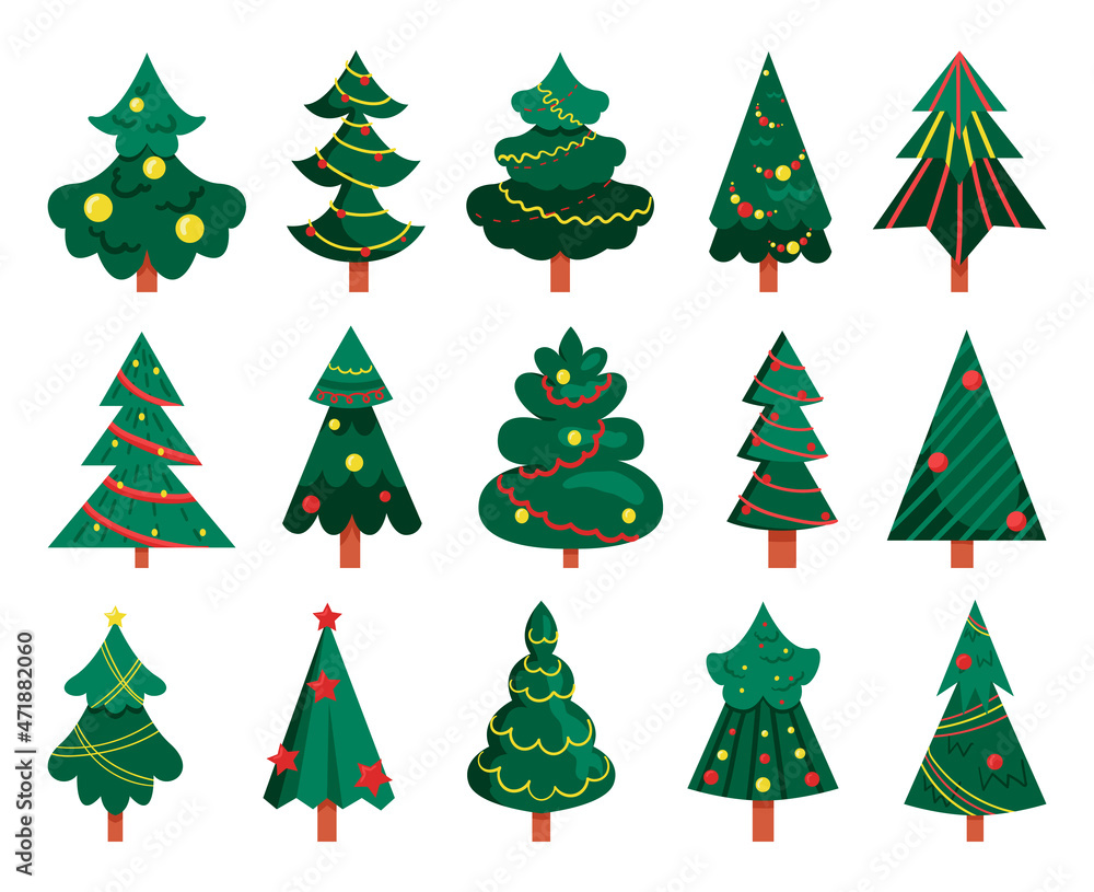 Collection of flat style Christmas trees isolated on a white background.