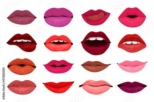 Collection of female lips with different color of lipstick. Flat style.