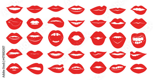 Collection of red erotic female lips in flat style. Mouths with different emotions.