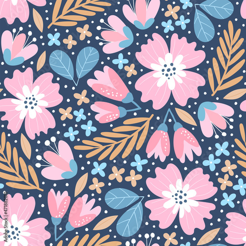 Hand-drawn seamless pattern with flowers. Colorful floral illustration for paper and gift wrap. Fabric print modern design. Creative stylish background.