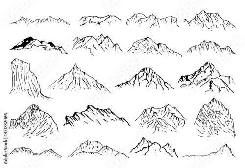Collection of monochrome illustrations of mountains in sketch style. Hand drawings in art ink style. Black and white graphics.