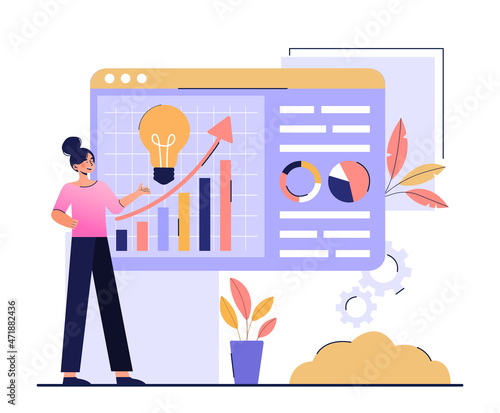 Concept of business idea. Girl analyzes charts, entrepreneur explores interests of audience. Innovation, modern technologies, startup. Graphs, diagrams, charts. Cartoon flat vector illustration