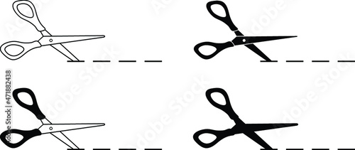 Scissors Cutting Dotted Line Clipart Set - Outline and Silhouette
